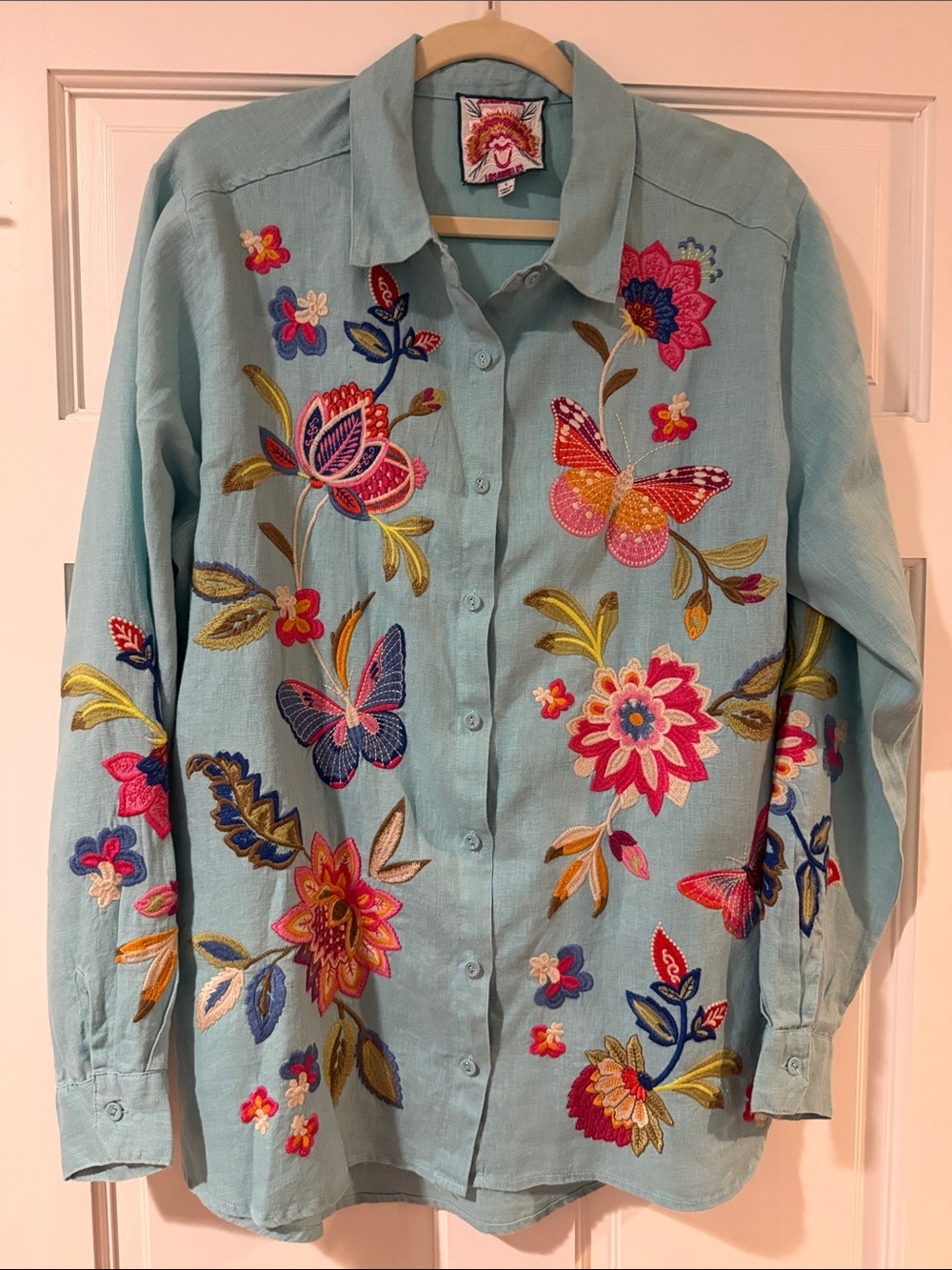 Johnny Was Light Blue Embroidered Button-Down Shirt